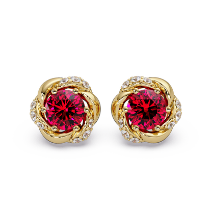0.6 CTW Round Halo Colorstone Stud Earrings, Ruby Red, 14K Yellow Gold
