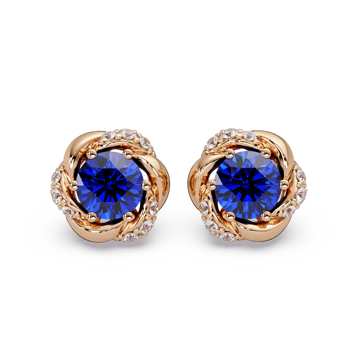 0.6 CTW Round Halo Colorstone Stud Earrings, Sapphire Blue, 14K Rose Gold