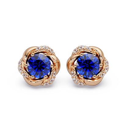 0.6 CTW Round Halo Colorstone Stud Earrings, Sapphire Blue, 14K Rose Gold