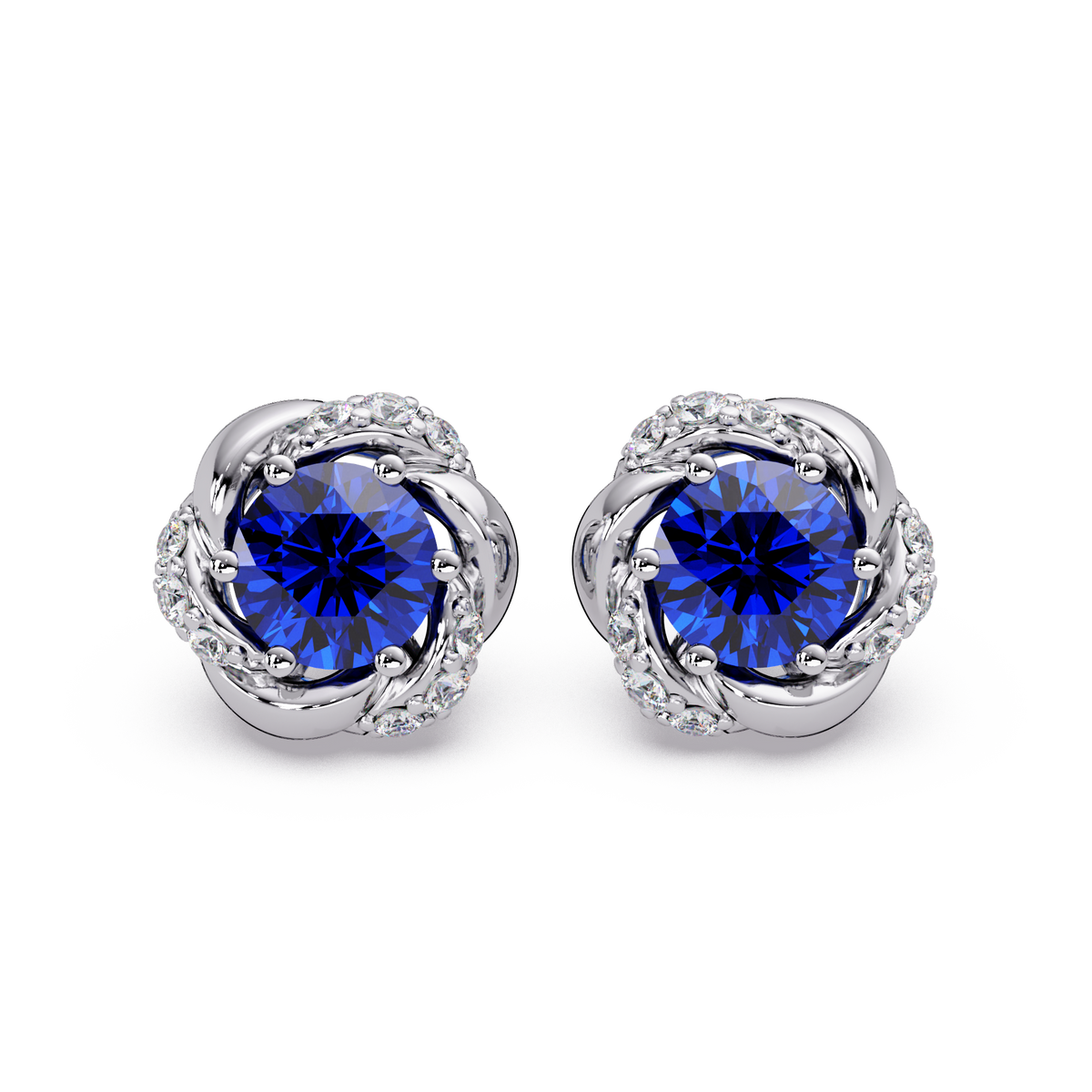 0.6 CTW Round Halo Colorstone Stud Earrings, Sapphire Blue, 14K White Gold