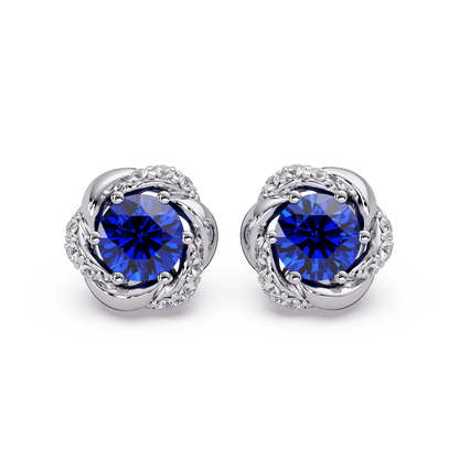 0.6 CTW Round Halo Colorstone Stud Earrings, Sapphire Blue, 14K White Gold