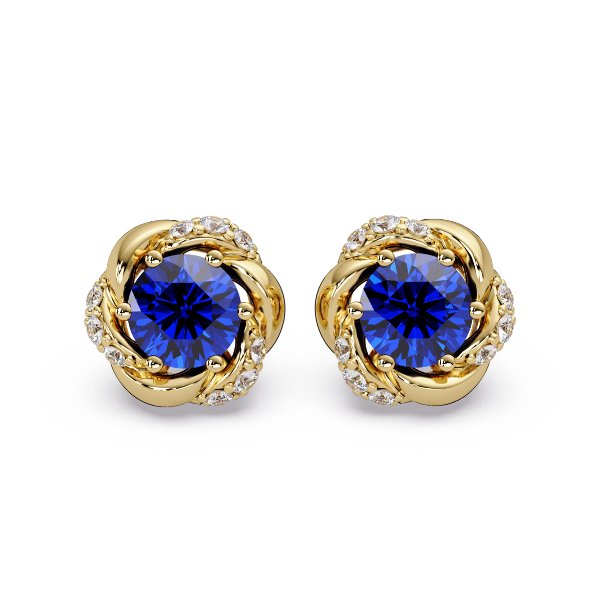 0.6 CTW Round Halo Colorstone Stud Earrings, Sapphire Blue, 14K Yellow Gold