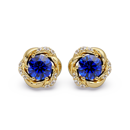 0.6 CTW Round Halo Colorstone Stud Earrings, Sapphire Blue, 14K Yellow Gold