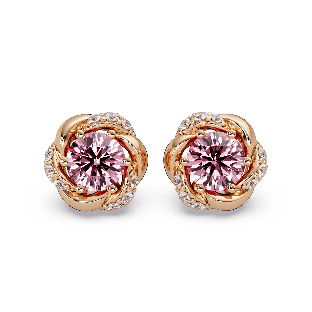 0.6 CTW Round Halo Colorstone Stud Earrings, Tourmaline Pink, 14K Rose Gold