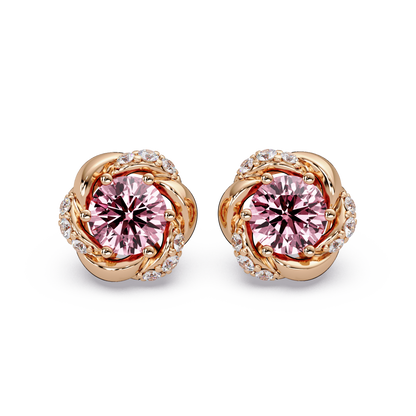 0.6 CTW Round Halo Colorstone Stud Earrings, Tourmaline Pink, 14K Rose Gold