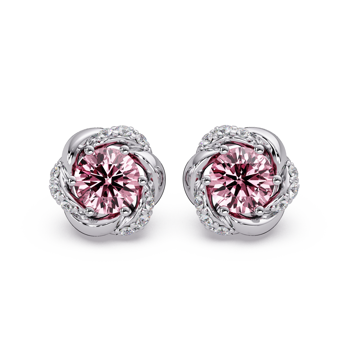 0.6 CTW Round Halo Colorstone Stud Earrings, Tourmaline Pink, 14K White Gold