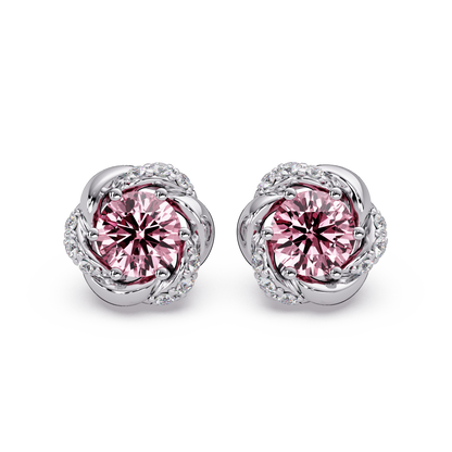0.6 CTW Round Halo Colorstone Stud Earrings, Tourmaline Pink, 14K White Gold