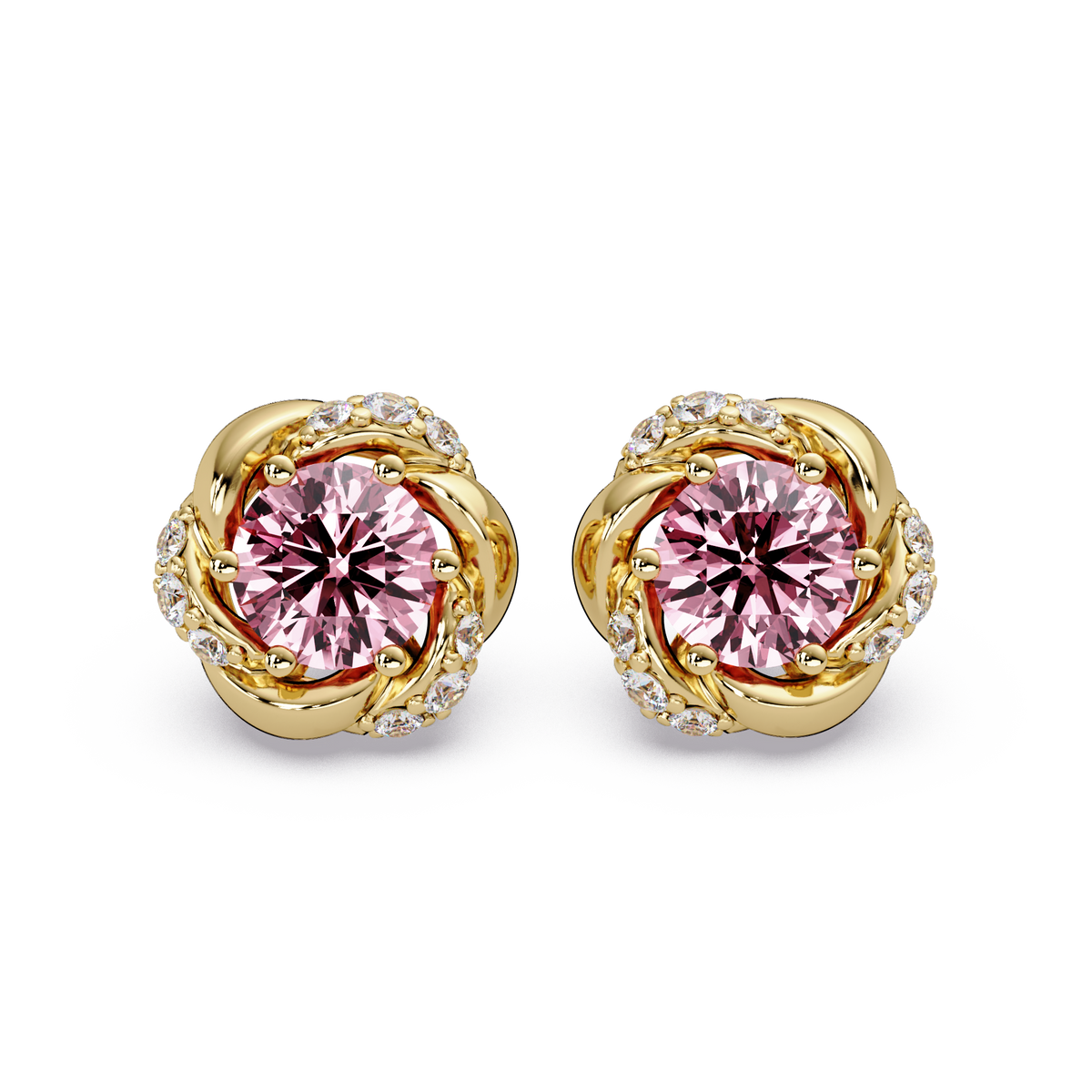 0.6 CTW Round Halo Colorstone Stud Earrings, Tourmaline Pink, 14K Yellow Gold