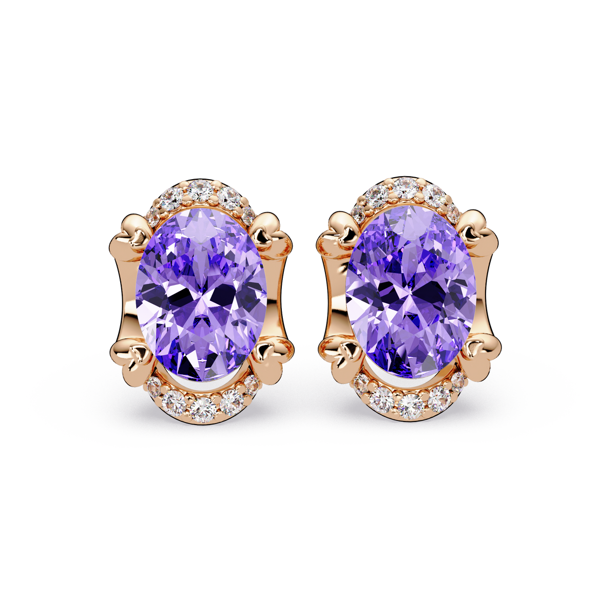 2.4 CTW Oval Halo Colorstone Stud Earrings, Amethyst Purple, 14K Rose Gold