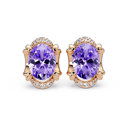 2.4 CTW Oval Halo Colorstone Stud Earrings, Amethyst Purple, 14K Rose Gold