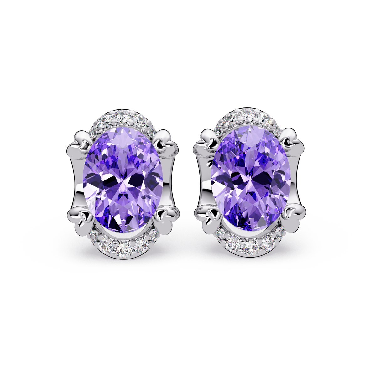 2.4 CTW Oval Colorstone and Diamond Accent Stud Earrings, Amethyst Purple, 14K White Gold