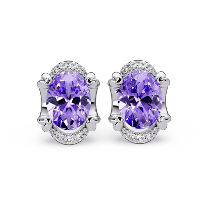 2.4 CTW Oval Colorstone and Diamond Accent Stud Earrings, Amethyst Purple, 14K White Gold