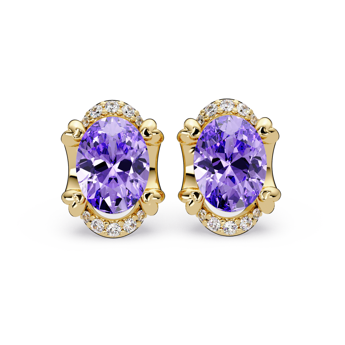 2.4 CTW Oval Colorstone and Diamond Accent Stud Earrings, Amethyst Purple, 14K Yellow Gold