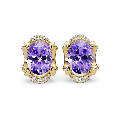 2.4 CTW Oval Colorstone and Diamond Accent Stud Earrings, Amethyst Purple, 14K Yellow Gold