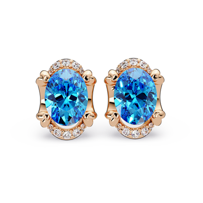 2.4 CTW Oval Halo Colorstone Stud Earrings, Aquamarine Blue, 14K Rose Gold