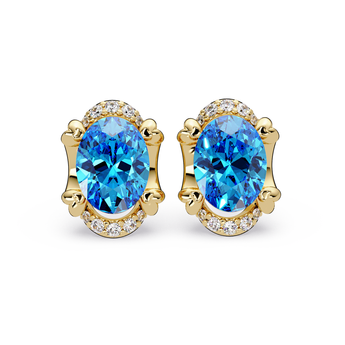 2.4 CTW Oval Colorstone and Diamond Accent Stud Earrings, Aquamarine Blue, 14K Yellow Gold