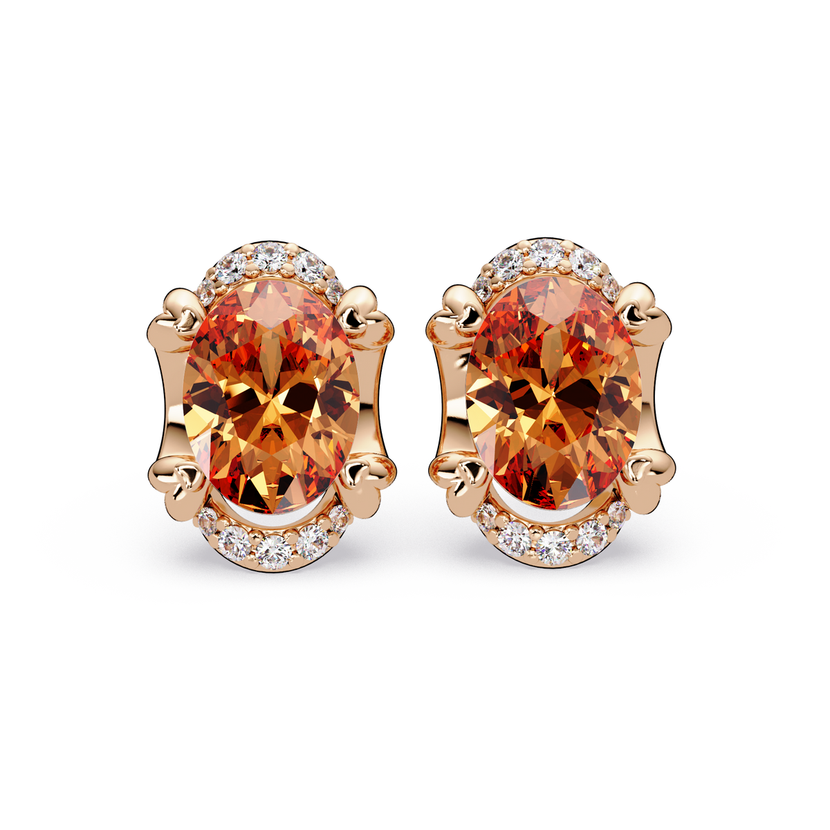 2.4 CTW Oval Halo Colorstone Stud Earrings, Champagne Topaz, 14K Rose Gold