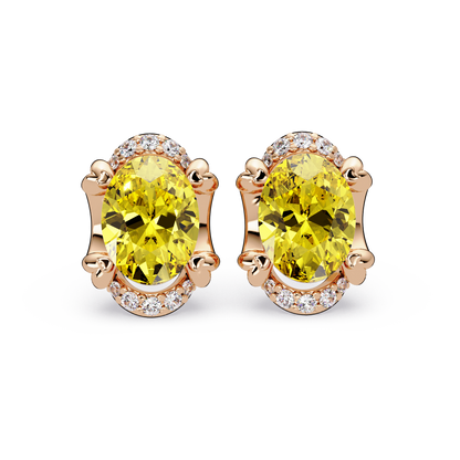 2.4 CTW Oval Halo Colorstone Stud Earrings, Citrine Yellow, 14K Rose Gold