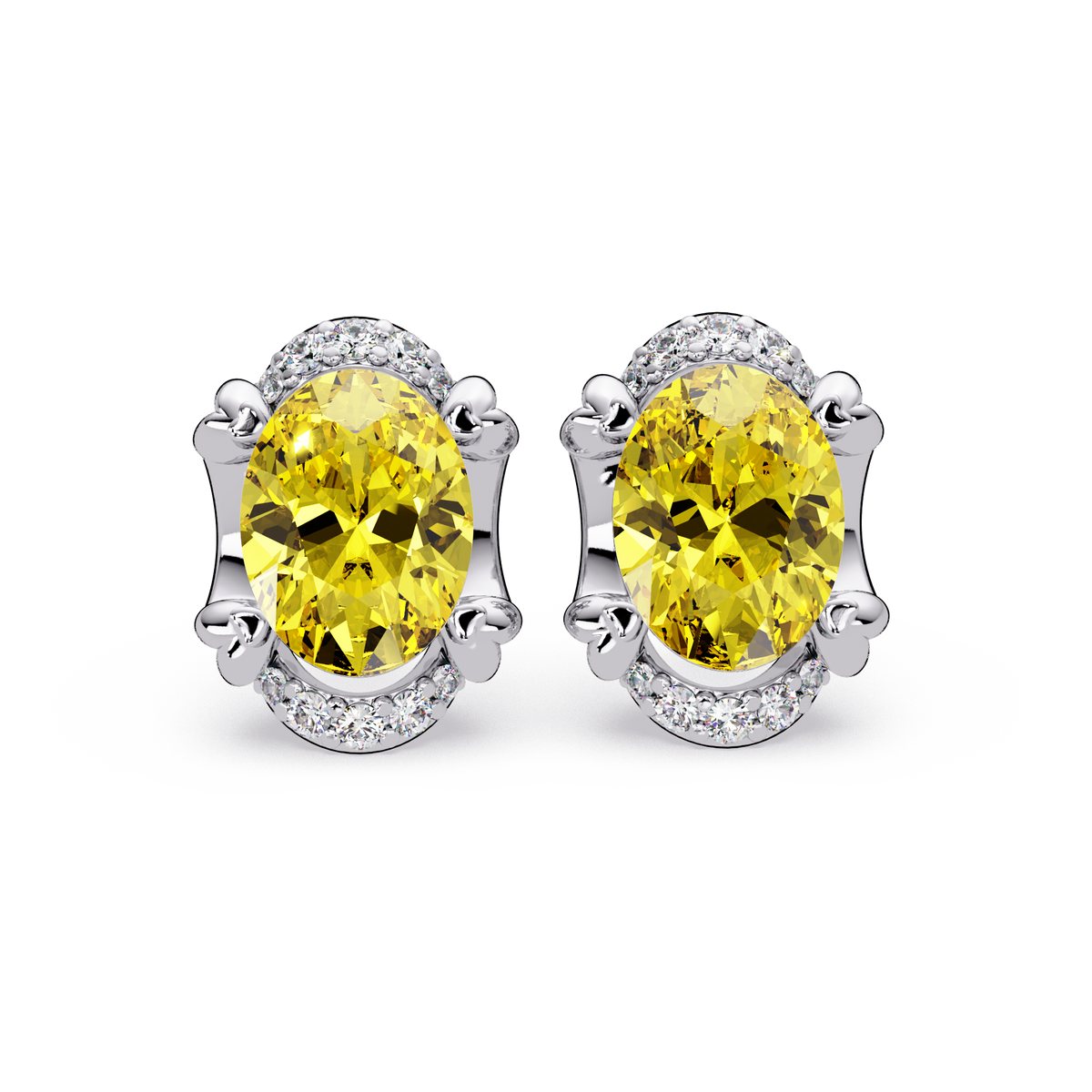 2.4 CTW Oval Colorstone and Diamond Accent Stud Earrings, Citrine Yellow, 14K White Gold