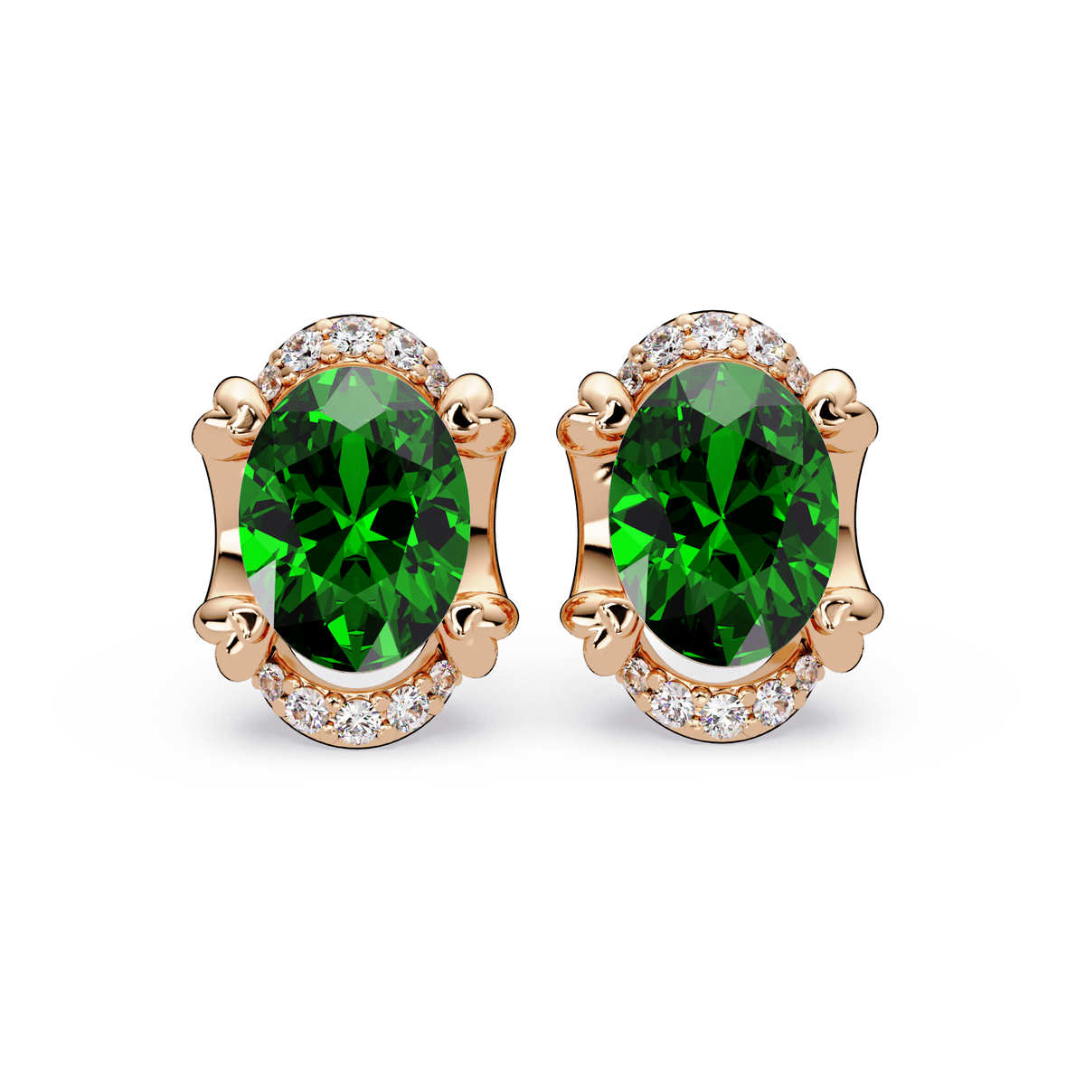 2.4 CTW Oval Halo Colorstone Stud Earrings, Emerald Green, 14K Rose Gold