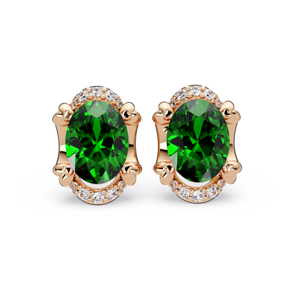 2.4 CTW Oval Halo Colorstone Stud Earrings, Emerald Green, 14K Rose Gold
