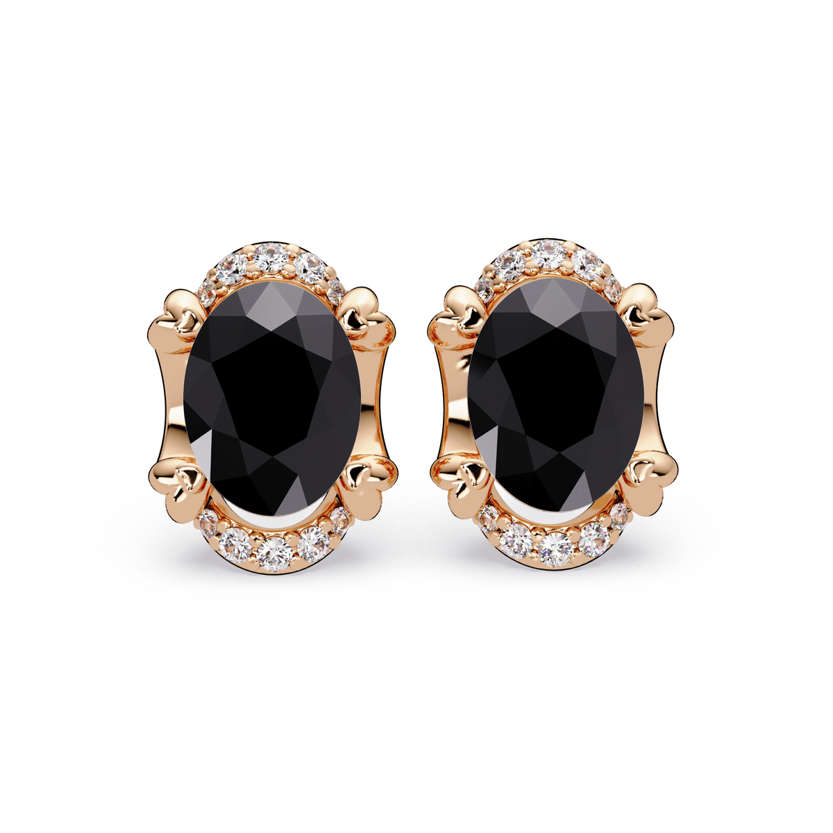 2.4 CTW Oval Halo Colorstone Stud Earrings, Onyx, 14K Rose Gold