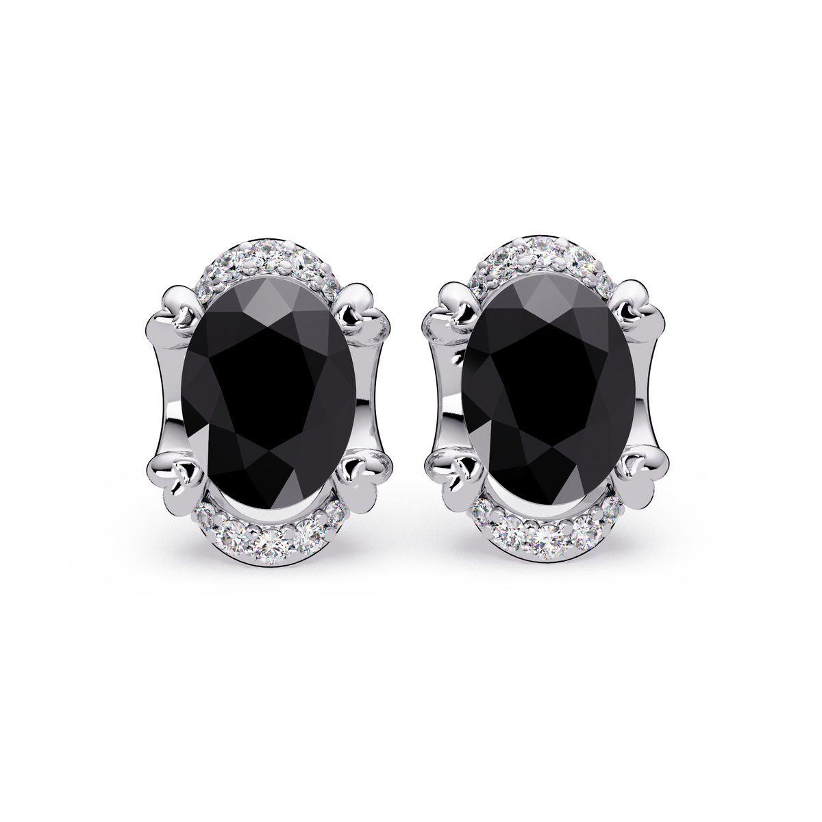 2.4 CTW Oval Colorstone and Diamond Accent Stud Earrings, Onyx, 14K White Gold