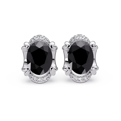 2.4 CTW Oval Colorstone and Diamond Accent Stud Earrings, Onyx, 14K White Gold