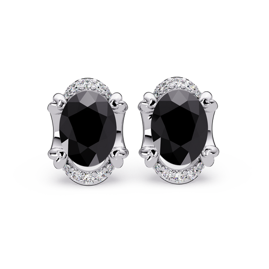 2.4 CTW Oval Colorstone and Diamond Accent Stud Earrings, Onyx, 14K White Gold