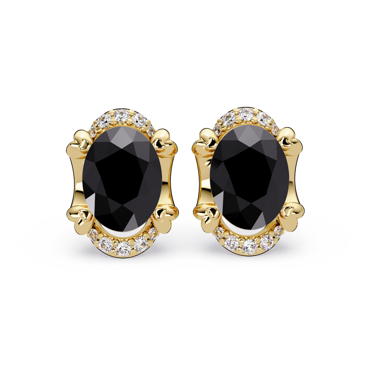 2.4 CTW Oval Halo Colorstone Stud Earrings, Onyx, 14K Yellow Gold