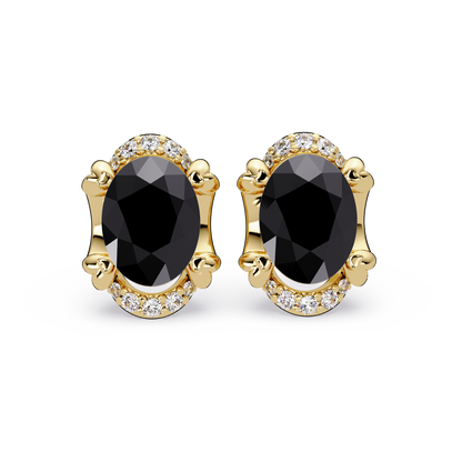 2.4 CTW Oval Halo Colorstone Stud Earrings, Onyx, 14K Yellow Gold