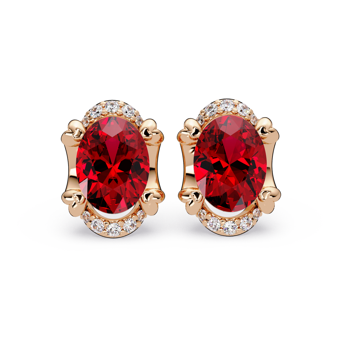 2.4 CTW Oval Halo Colorstone Stud Earrings, Ruby Red, 14K Rose Gold