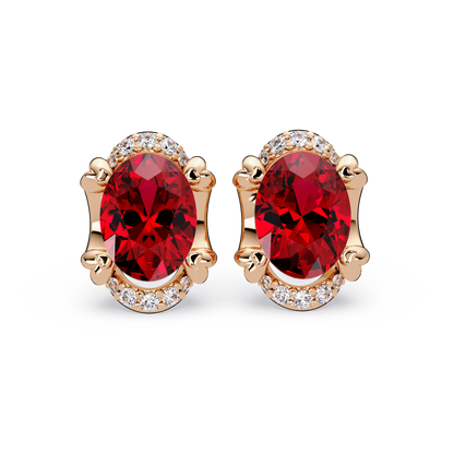 2.4 CTW Oval Halo Colorstone Stud Earrings, Ruby Red, 14K Rose Gold