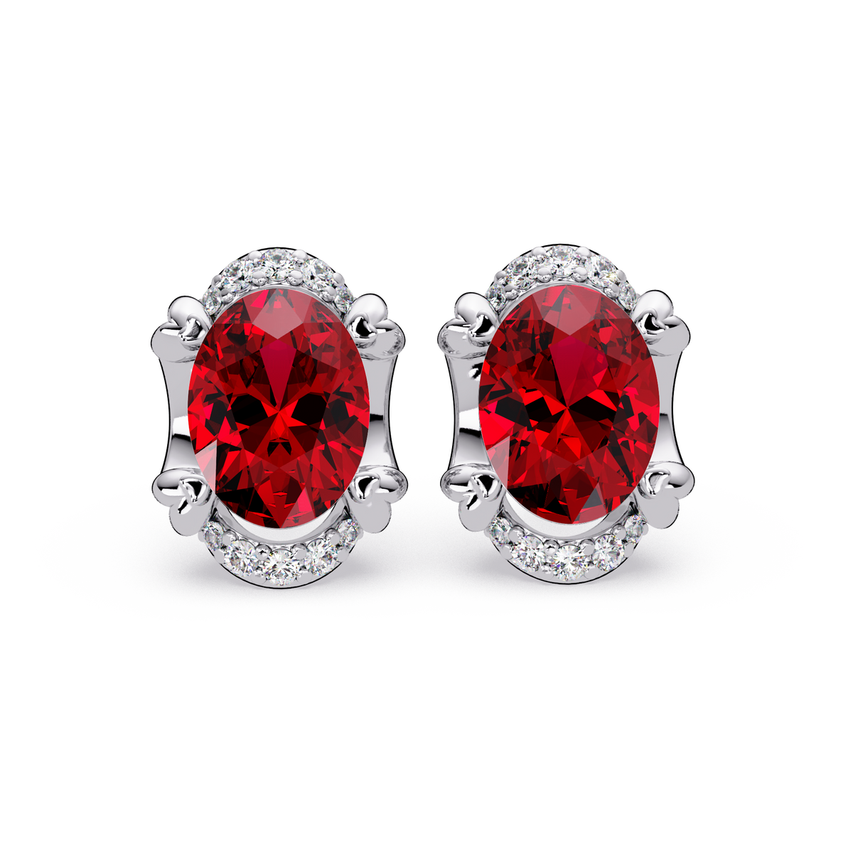 2.4 CTW Oval Colorstone and Diamond Accent Stud Earrings, Ruby Red, 14K White Gold