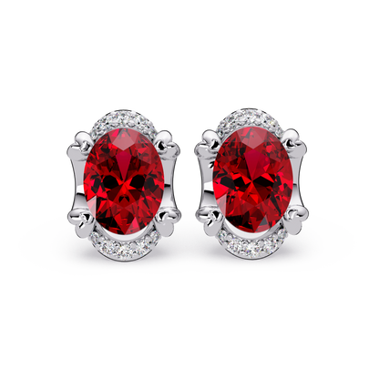 2.4 CTW Oval Colorstone and Diamond Accent Stud Earrings, Ruby Red, 14K White Gold
