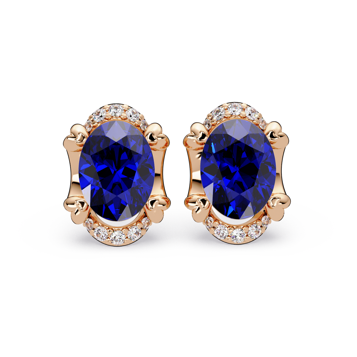 2.4 CTW Oval Halo Colorstone Stud Earrings, Sapphire Blue, 14K Rose Gold