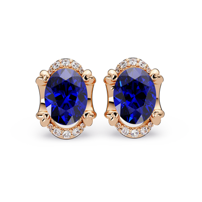 2.4 CTW Oval Halo Colorstone Stud Earrings, Sapphire Blue, 14K Rose Gold