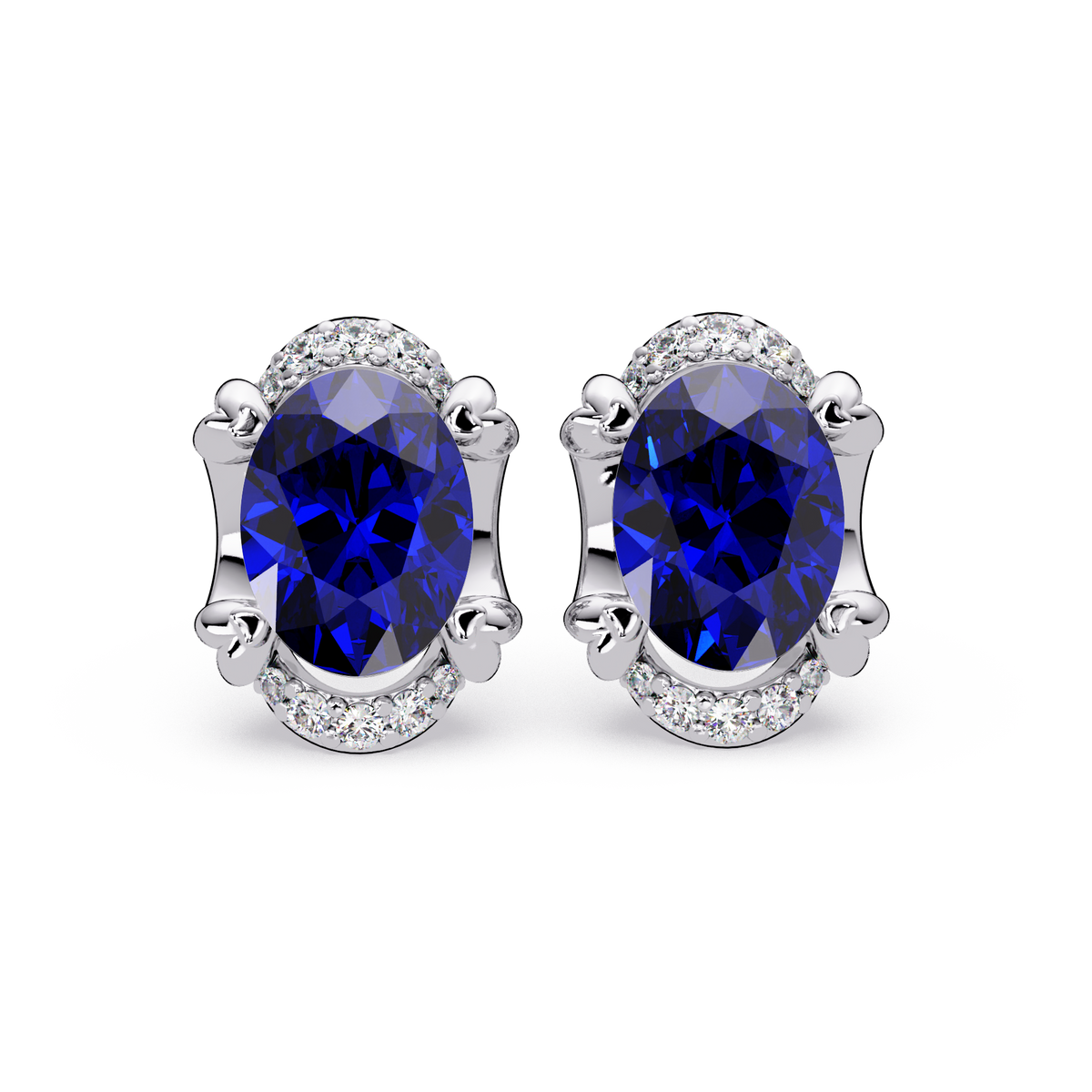 2.4 CTW Oval Colorstone and Diamond Accent Stud Earrings, Sapphire Blue, 14K White Gold
