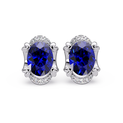 2.4 CTW Oval Colorstone and Diamond Accent Stud Earrings, Sapphire Blue, 14K White Gold