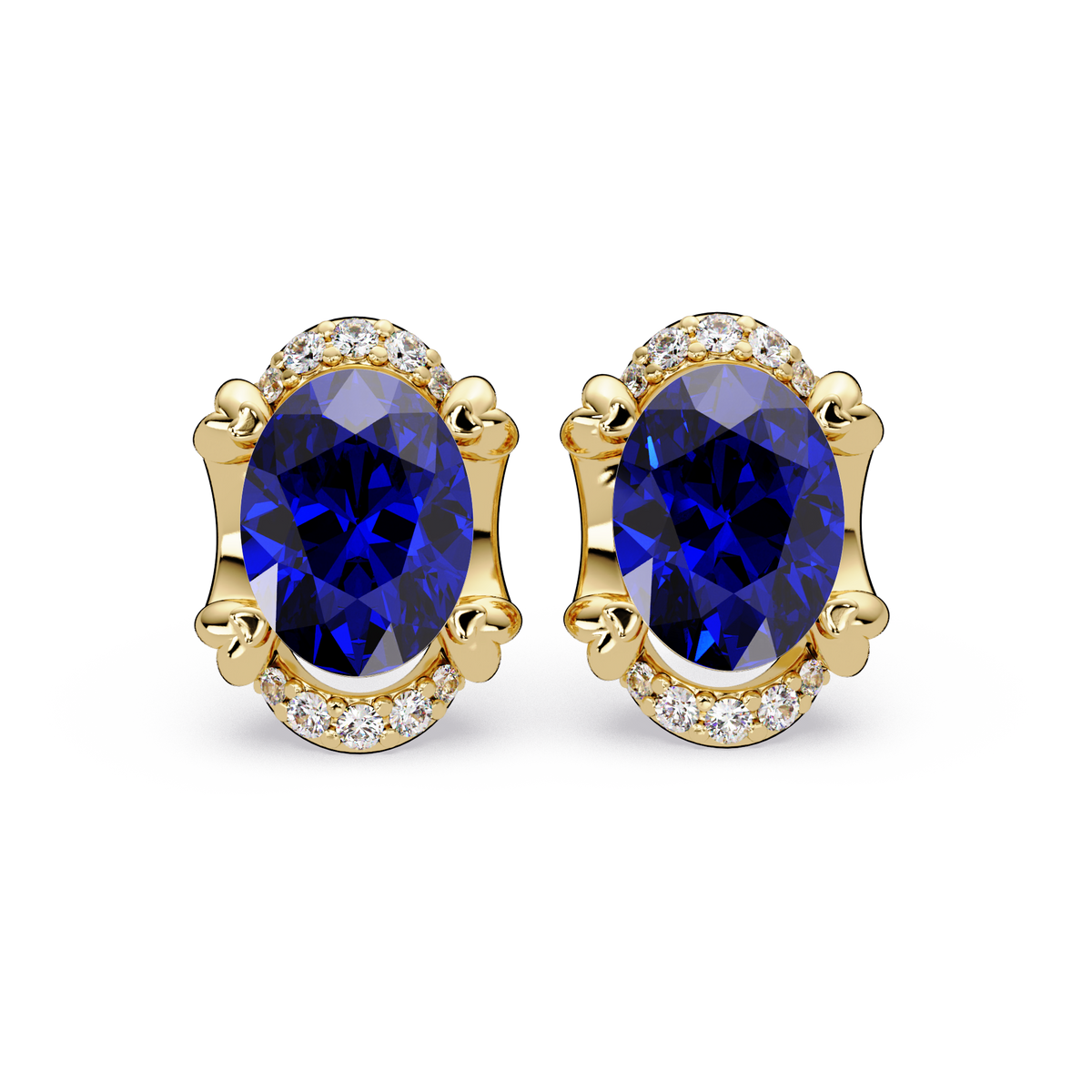 2.4 CTW Oval Colorstone and Diamond Accent Stud Earrings, Sapphire Blue, 14K Yellow Gold