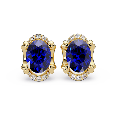 2.4 CTW Oval Colorstone and Diamond Accent Stud Earrings, Sapphire Blue, 14K Yellow Gold