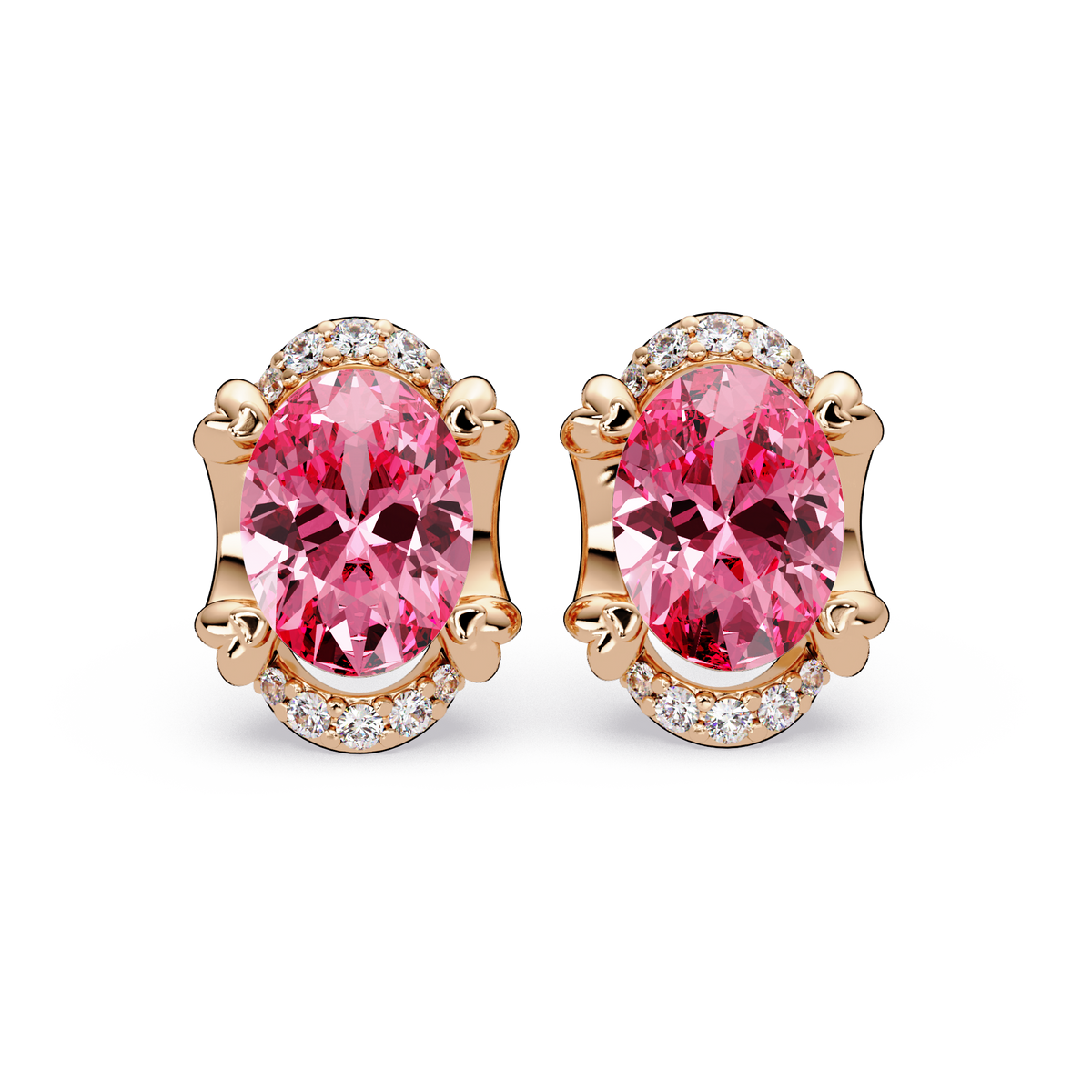 2.4 CTW Oval Halo Colorstone Stud Earrings, Tourmaline Pink, 14K Rose Gold