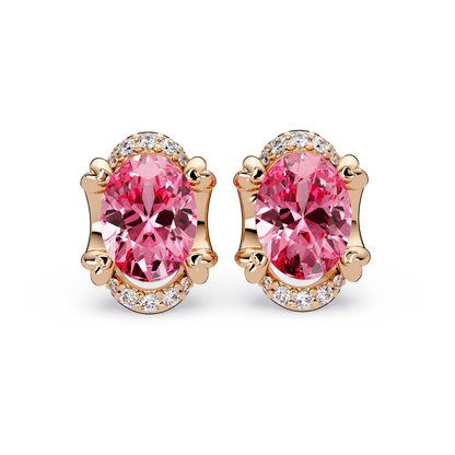 2.4 CTW Oval Halo Colorstone Stud Earrings, Tourmaline Pink, 14K Rose Gold