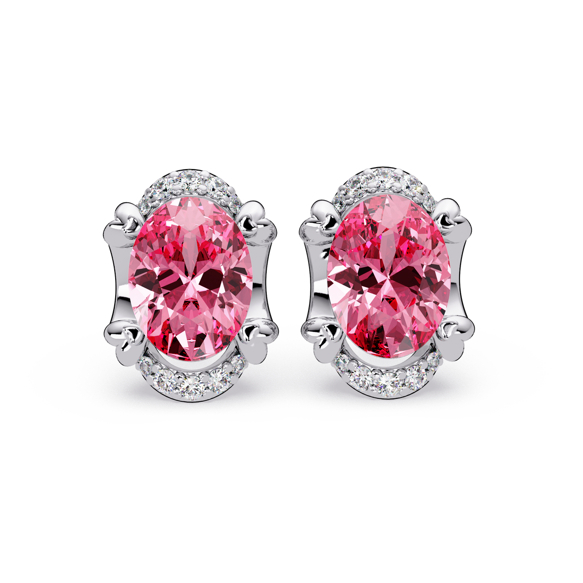 2.4 CTW Oval Colorstone and Diamond Accent Stud Earrings, Tourmaline Pink, 14K White Gold