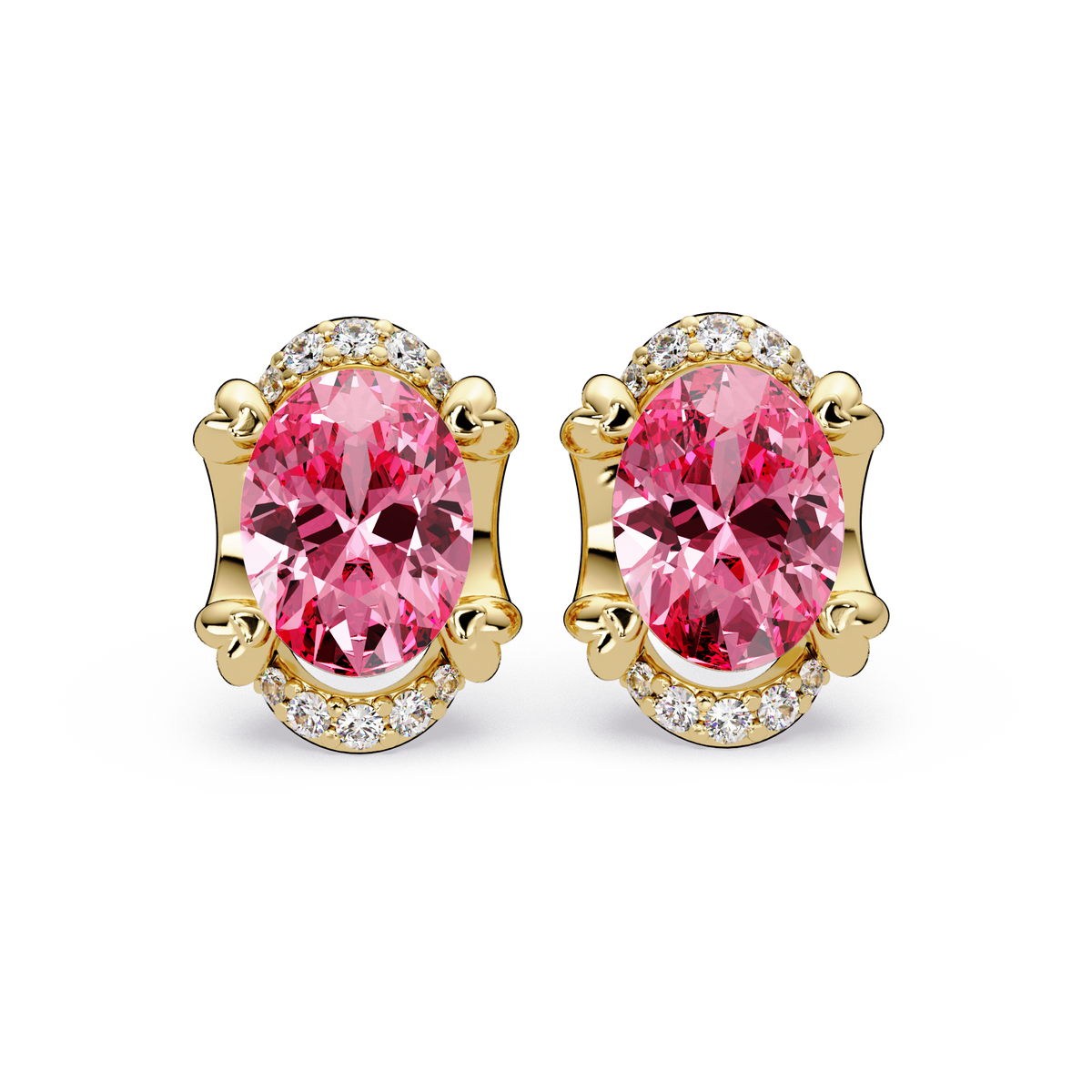2.4 CTW Oval Colorstone and Diamond Accent Stud Earrings, Tourmaline Pink, 14K Yellow Gold