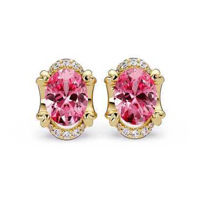 2.4 CTW Oval Colorstone and Diamond Accent Stud Earrings, Tourmaline Pink, 14K Yellow Gold