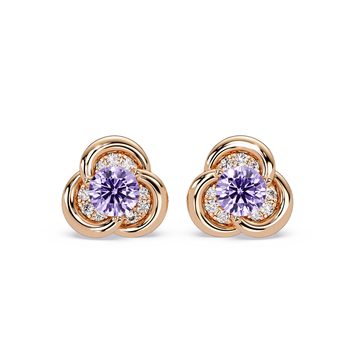 0.8 CTW Round Halo Colorstone Stud Earrings, Amethyst Purple, 14K Rose Gold
