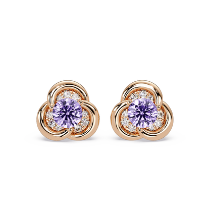 0.8 CTW Round Halo Colorstone Stud Earrings, Amethyst Purple, 14K Rose Gold