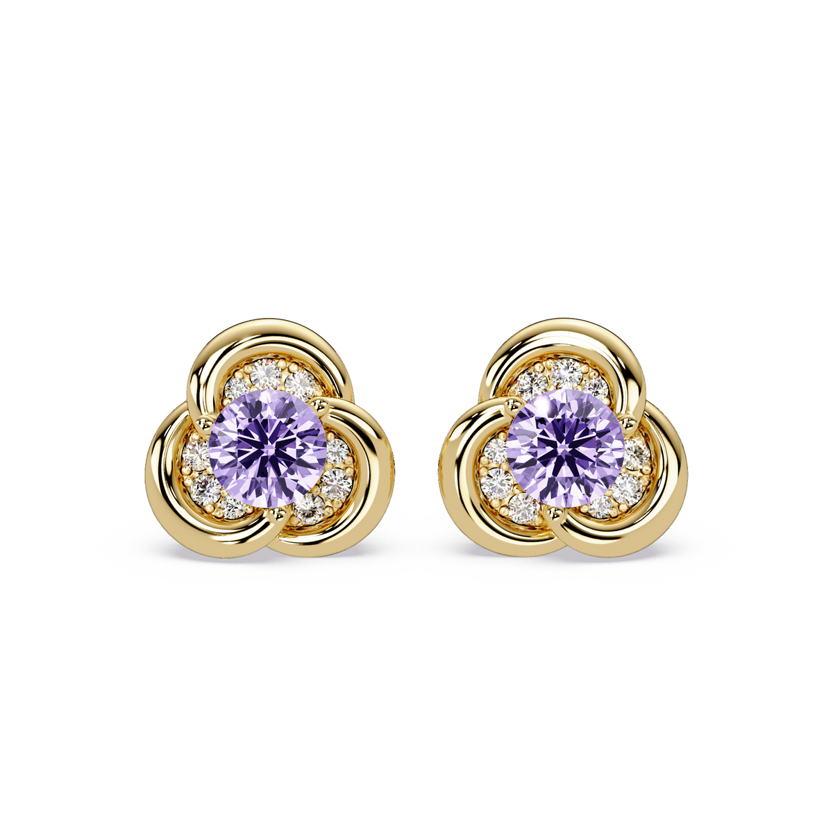 0.8 CTW Round Halo Colorstone Stud Earrings, Amethyst Purple, 14K Yellow Gold