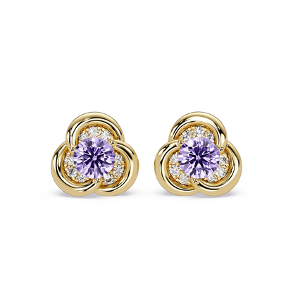 0.8 CTW Round Halo Colorstone Stud Earrings, Amethyst Purple, 14K Yellow Gold